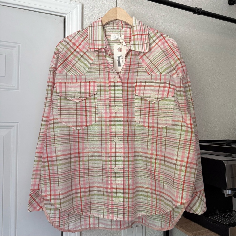 NWT OTTOD’AME cream pink green plaid glitter semi sheer boxy oversized‎ shirt